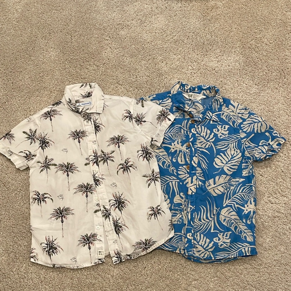 Set of TWO tropical print short sleeve button front shirts, size 6